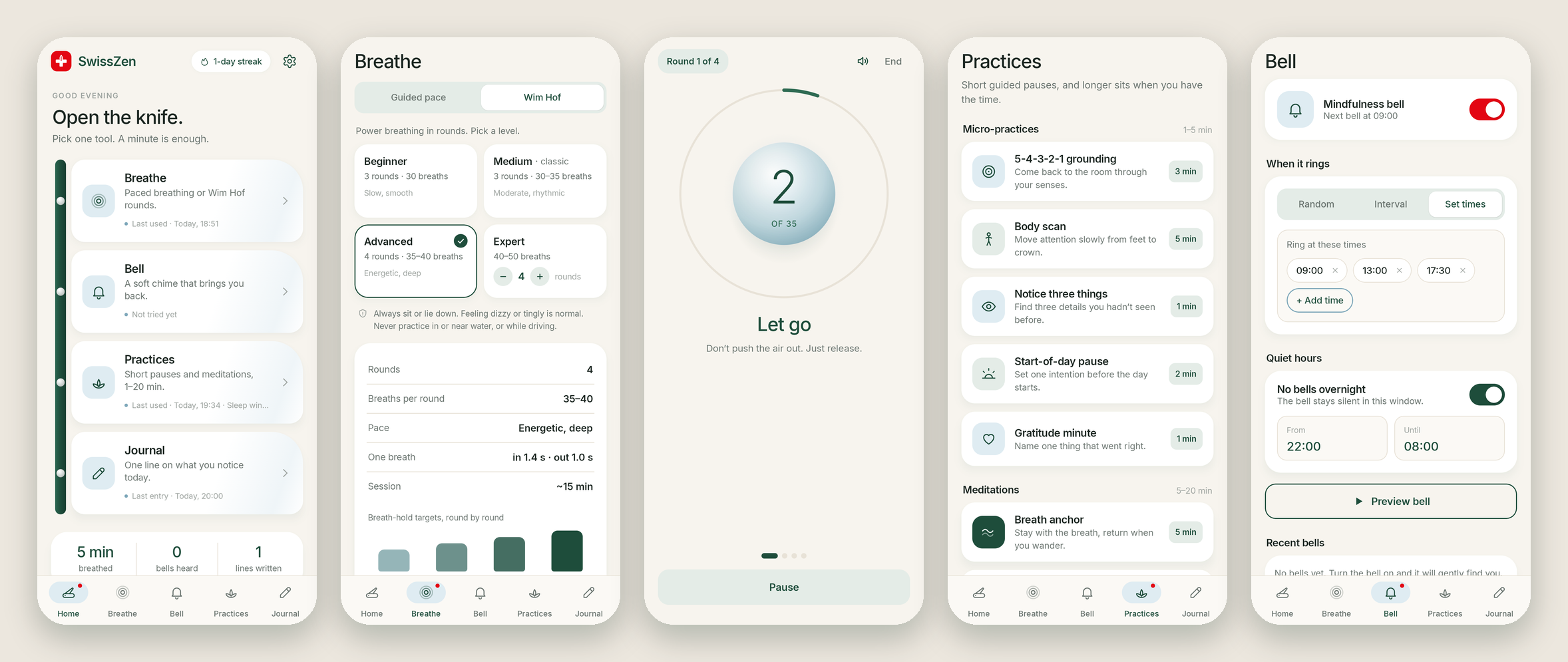 SwissZen: Home and Breathe screens