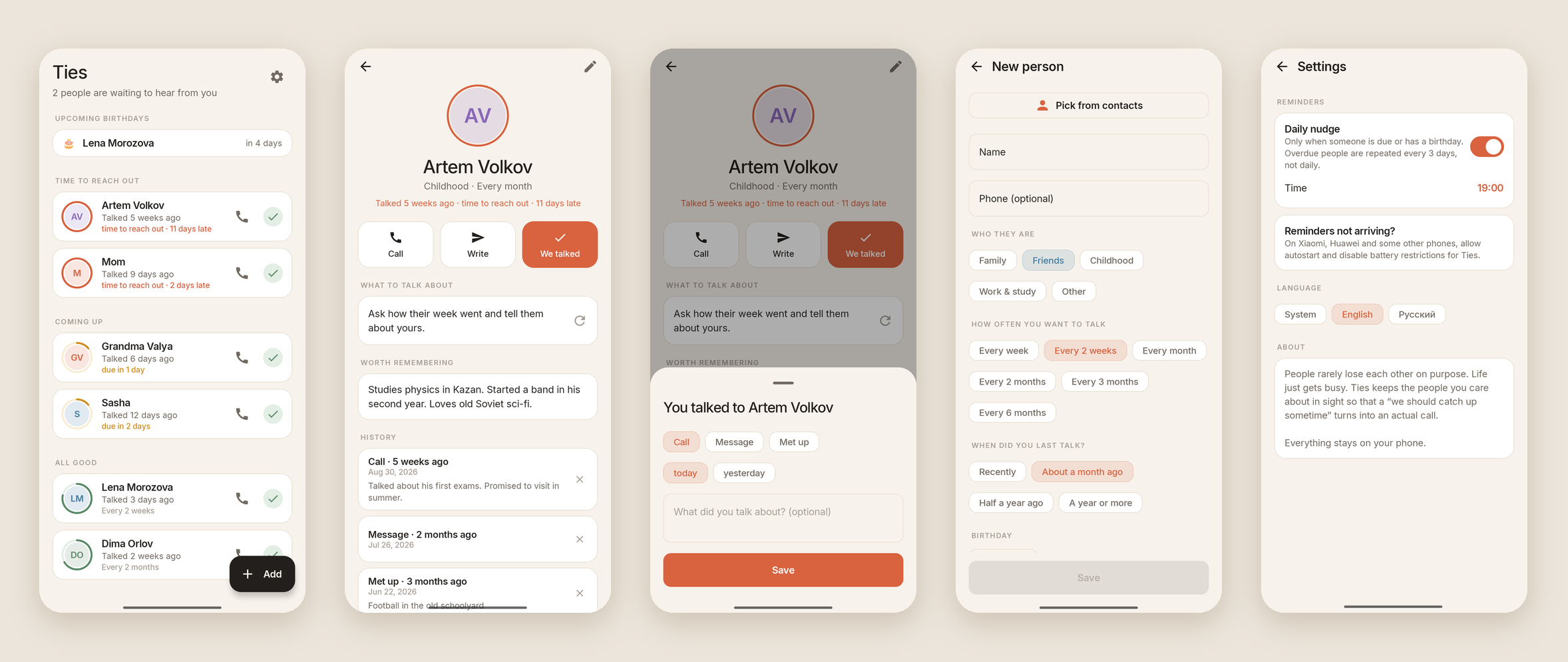 Ties screens: Home, a person's card, logging a conversation, adding someone, Settings
